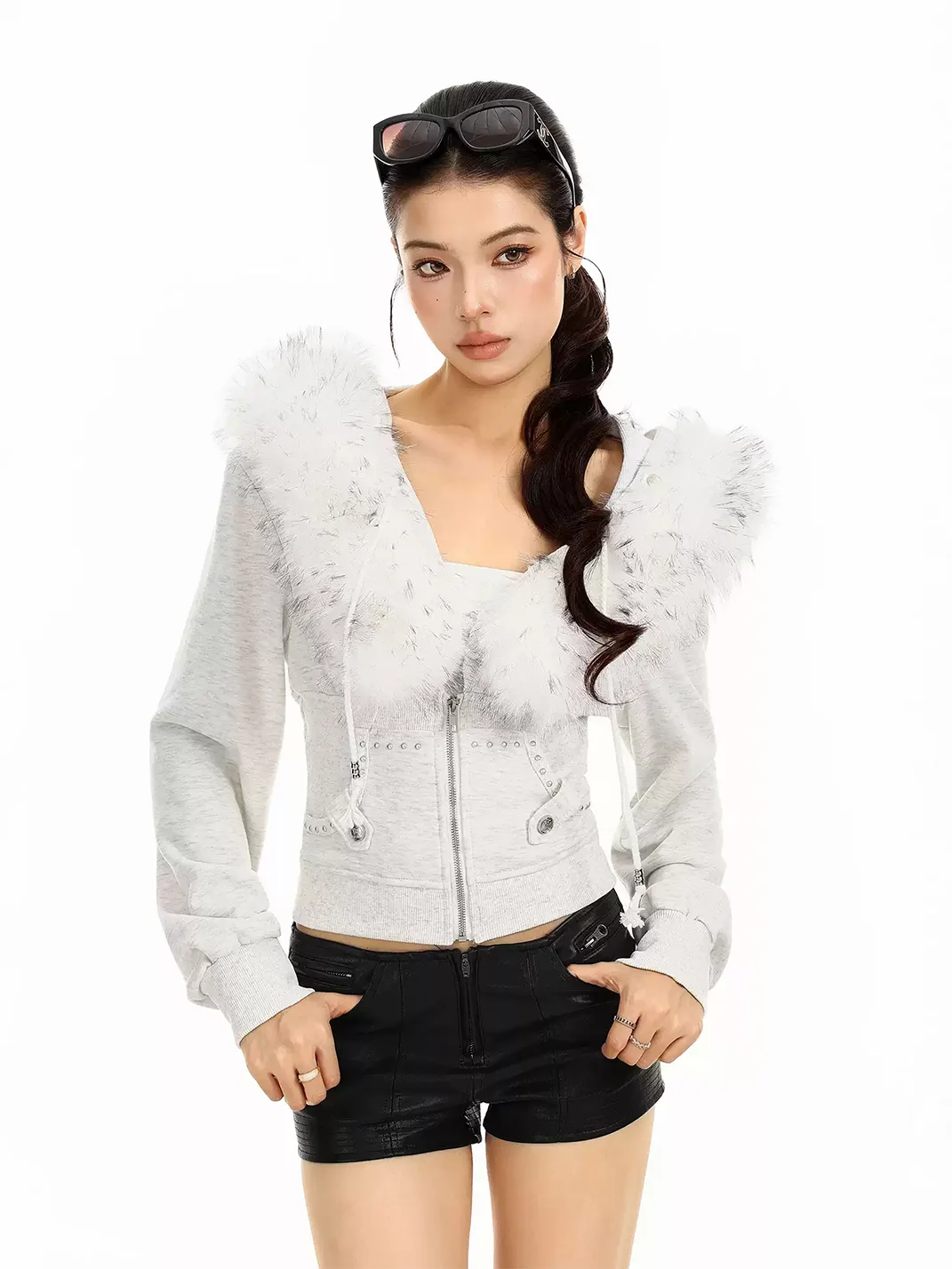 BIGGOLD | Cropped Detachable Fur Trim Hooded Zip Jacket