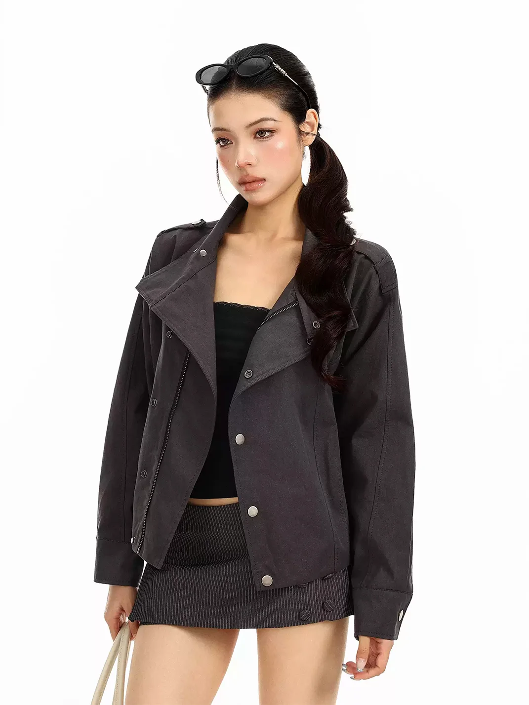 BIGGOLD | Cropped Stand Collar Belted Jacket