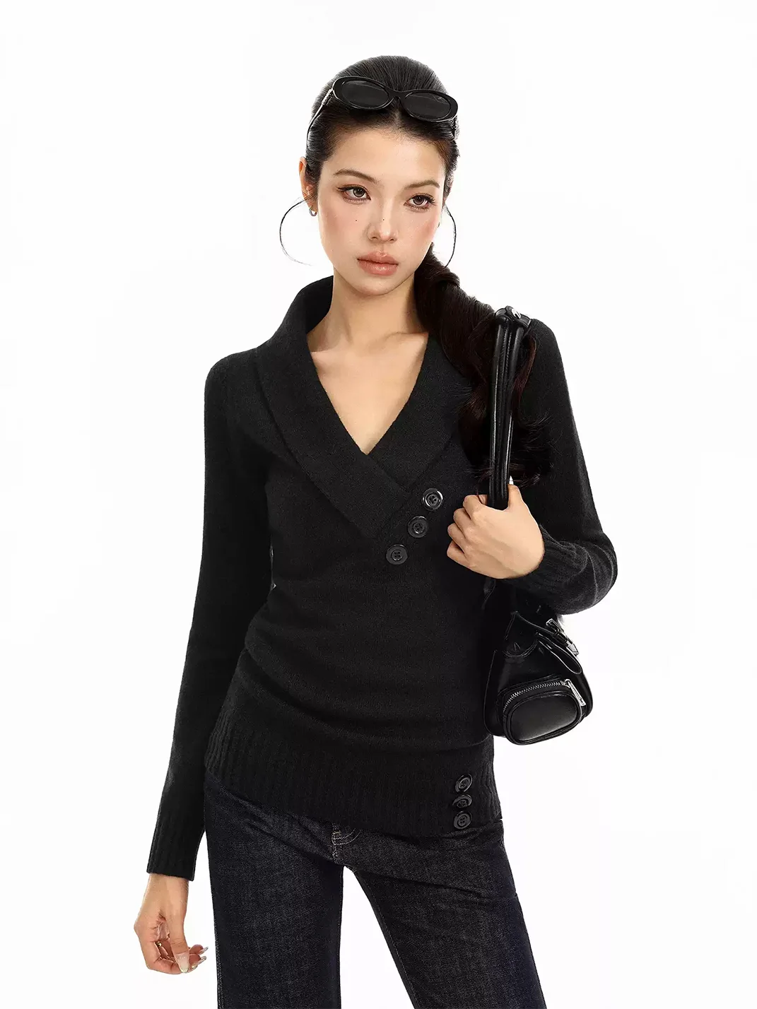 BIGGOLD | Slim Fit V-Neck Long Sleeve Knit Top