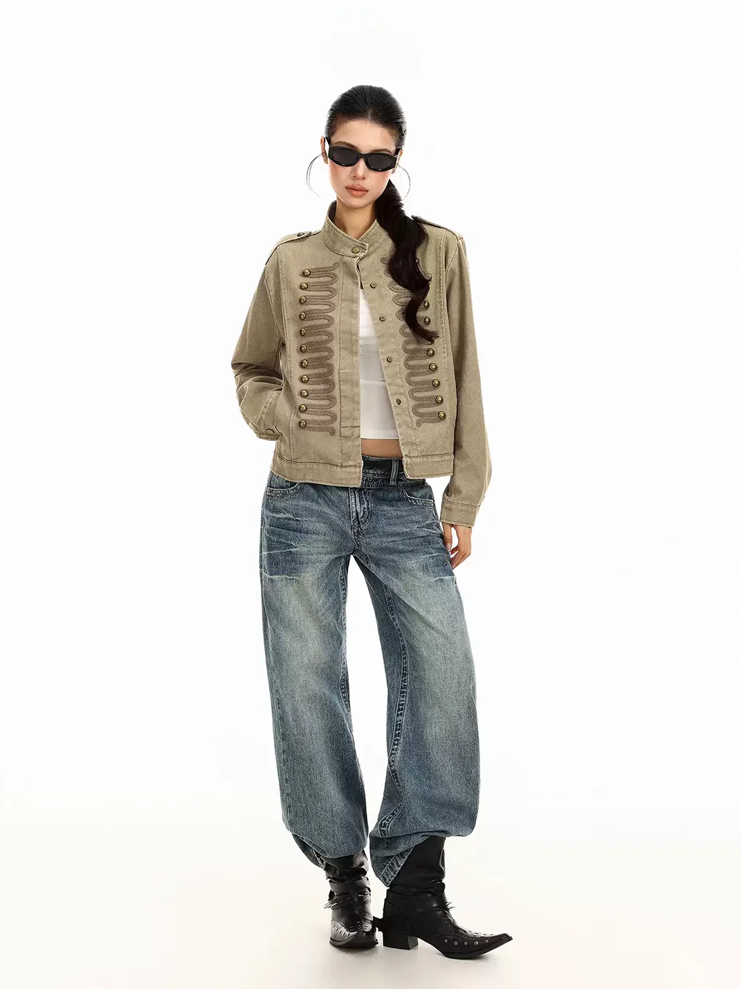 BIGGOLD | Cropped Stand Collar Braided Button Jacket