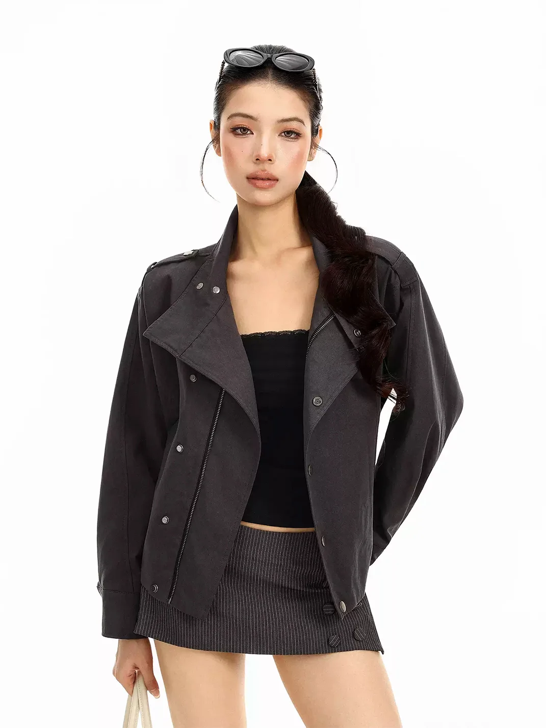 BIGGOLD | Cropped Stand Collar Belted Jacket