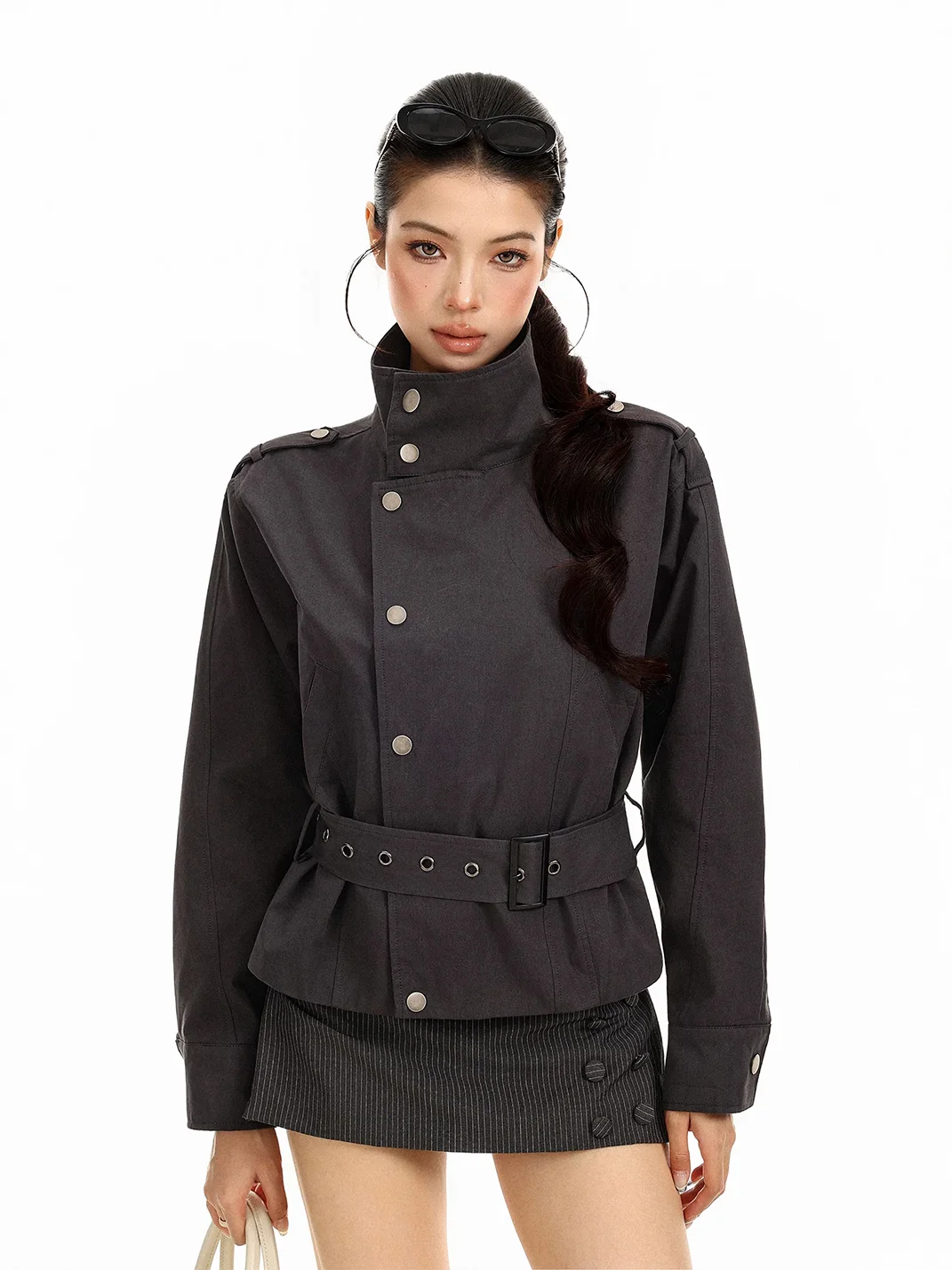 BIGGOLD | Cropped Stand Collar Belted Jacket
