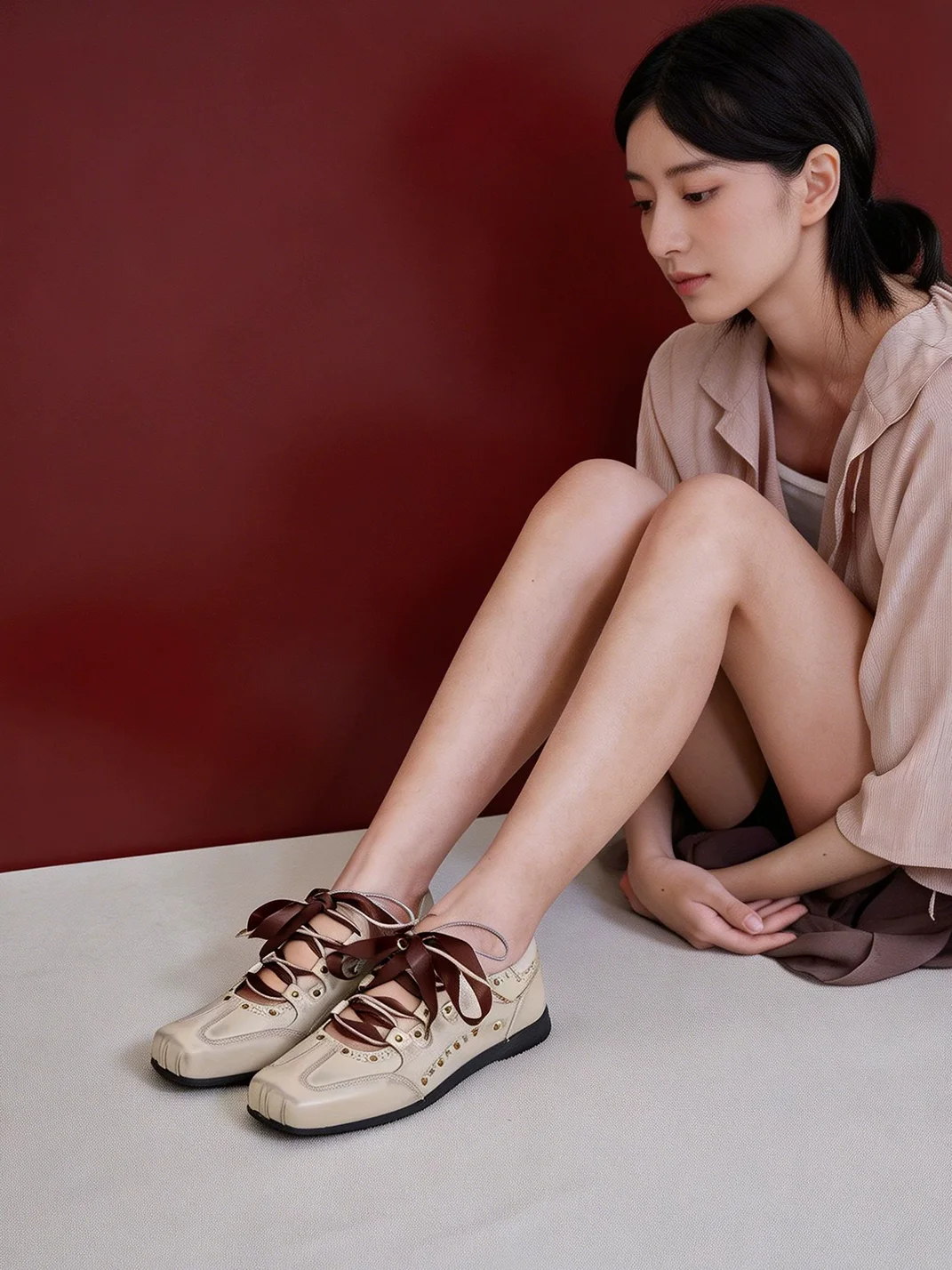 In lucky | Two-Tone Ribbon Lace Square Toe Ballet Flats