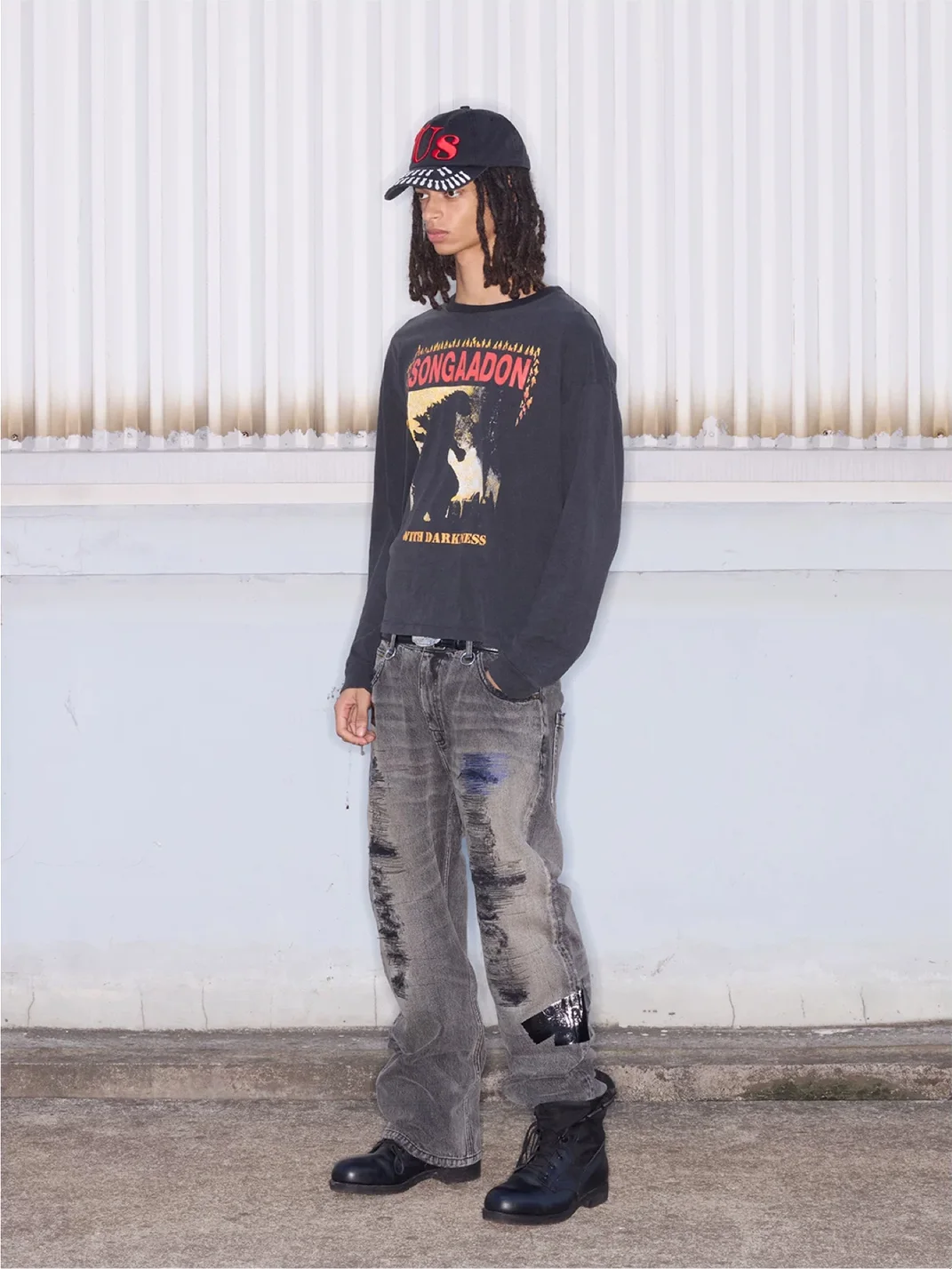 SONGAADON | Distressed Patchwork Embroidered Straight Leg Jeans
