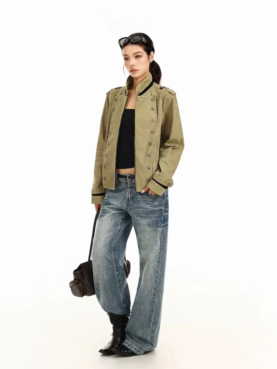 BIGGOLD | Cropped Double-Breasted Stand Collar Jacket