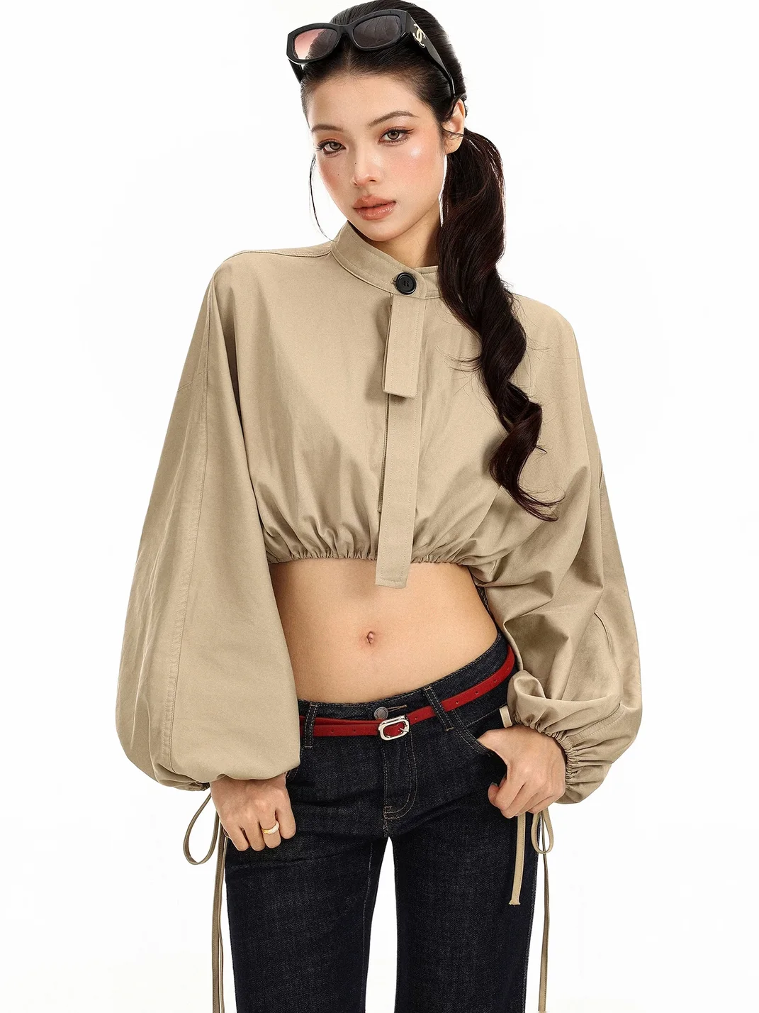BIGGOLD | Khaki Stand Collar Drawstring Cropped Jacket