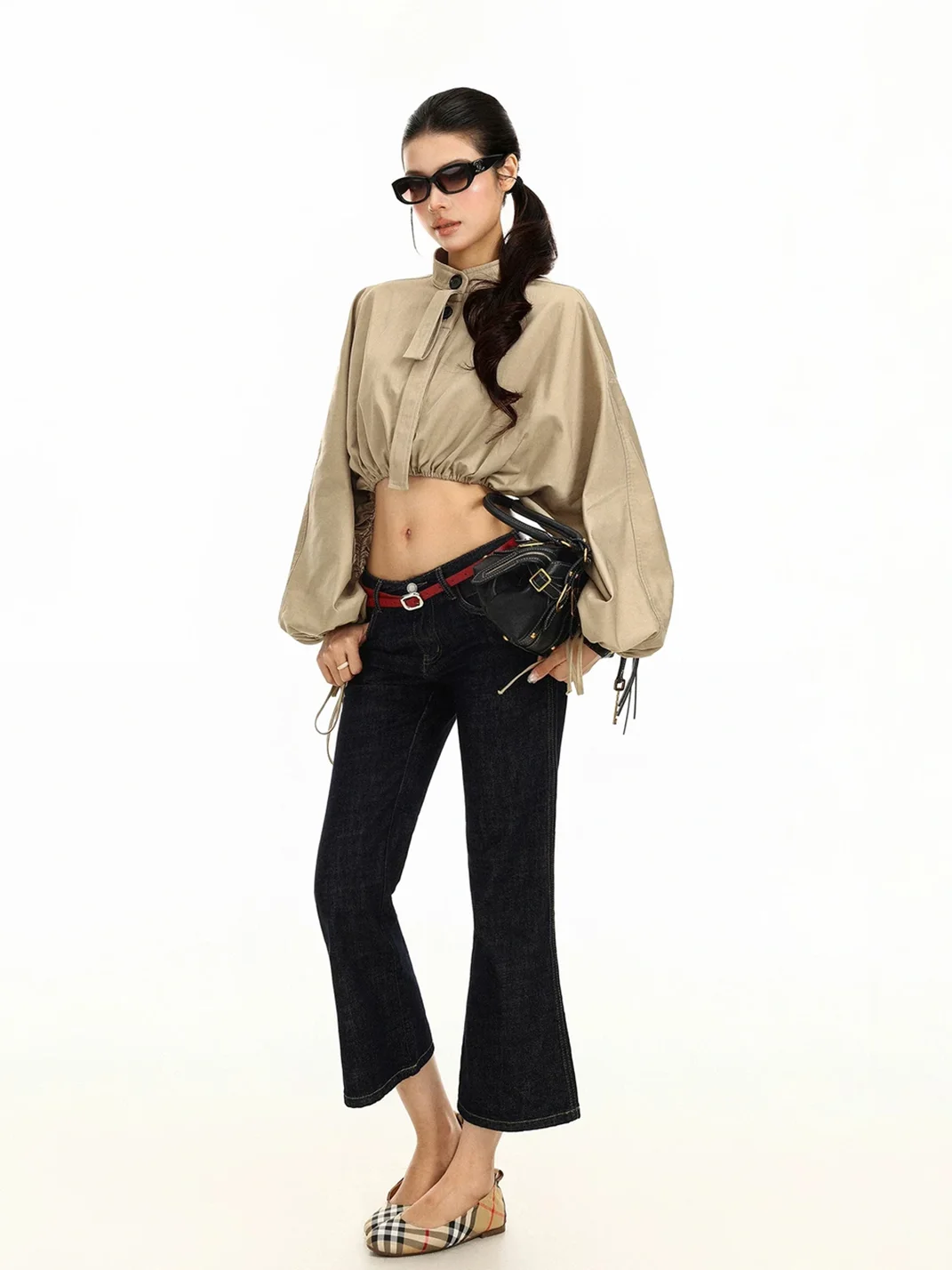BIGGOLD | Khaki Stand Collar Drawstring Cropped Jacket