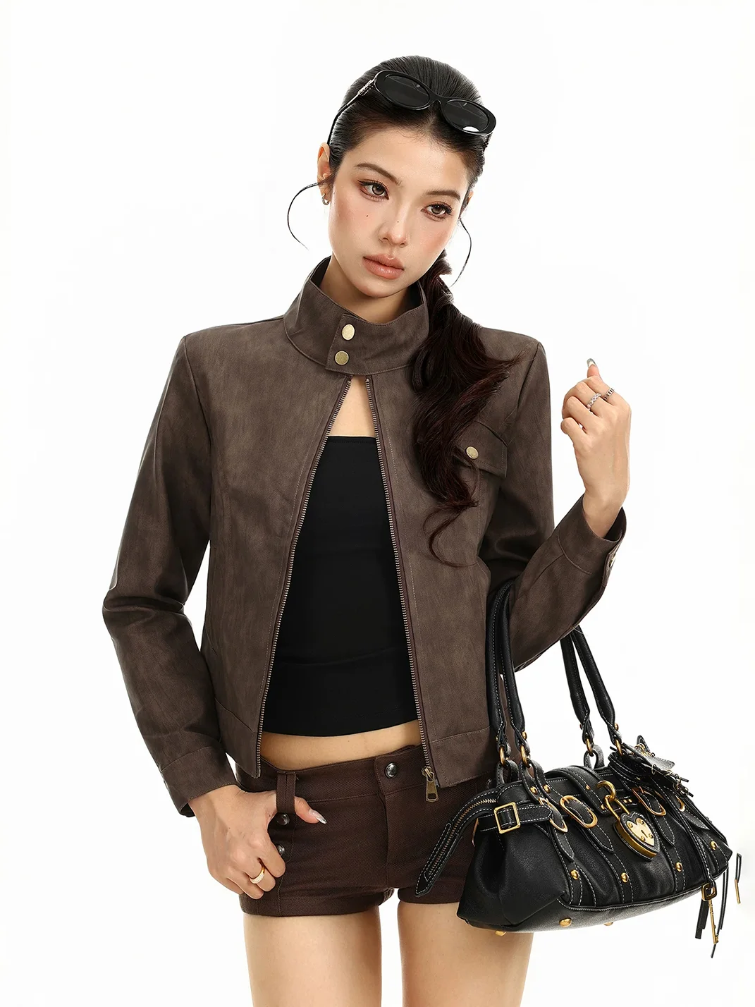 BIGGOLD | Cropped Stand Collar PU Leather Jacket