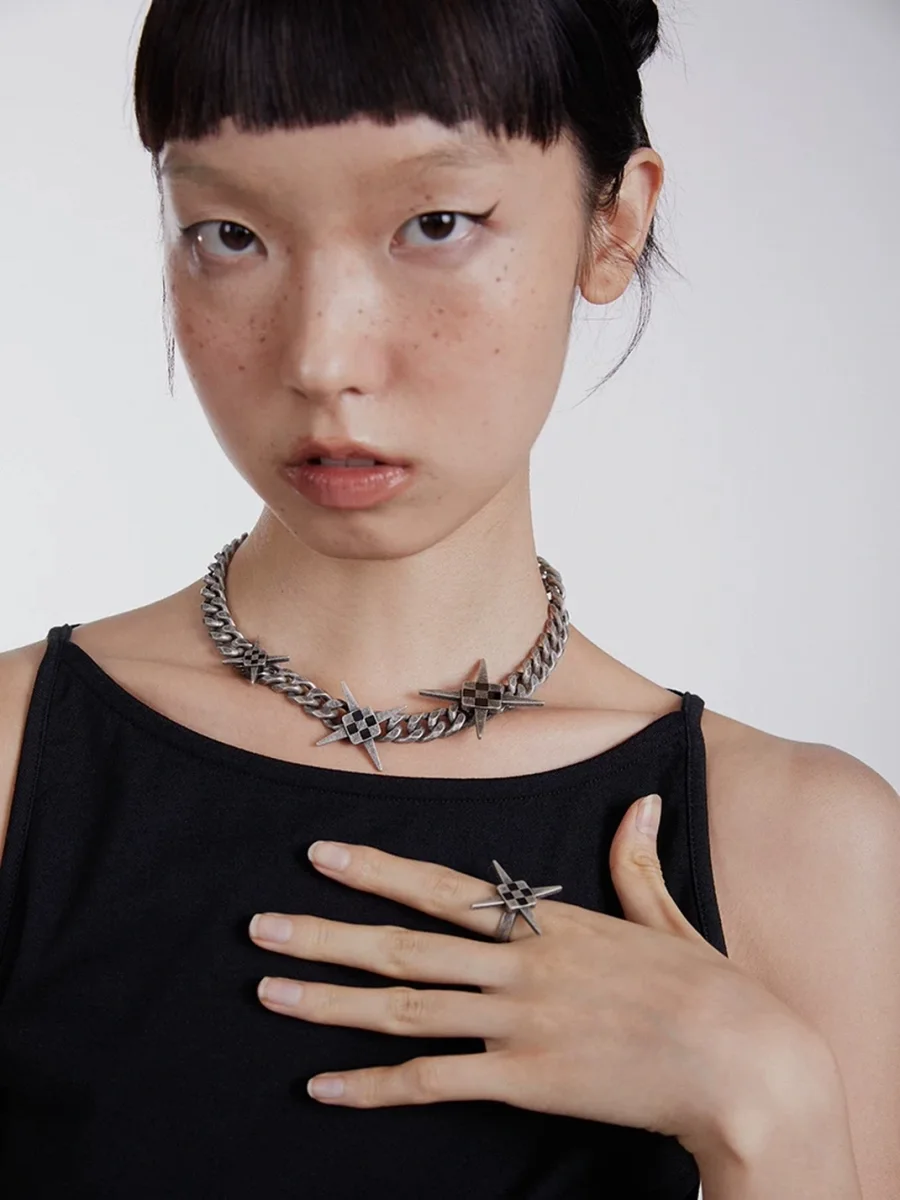 SchwarzGold | Distressed Geometric Cross Cuban Chain Necklace - 4