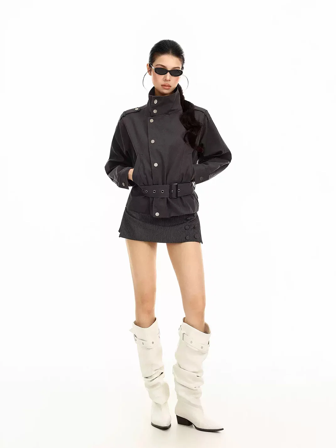 BIGGOLD | Cropped Stand Collar Belted Jacket