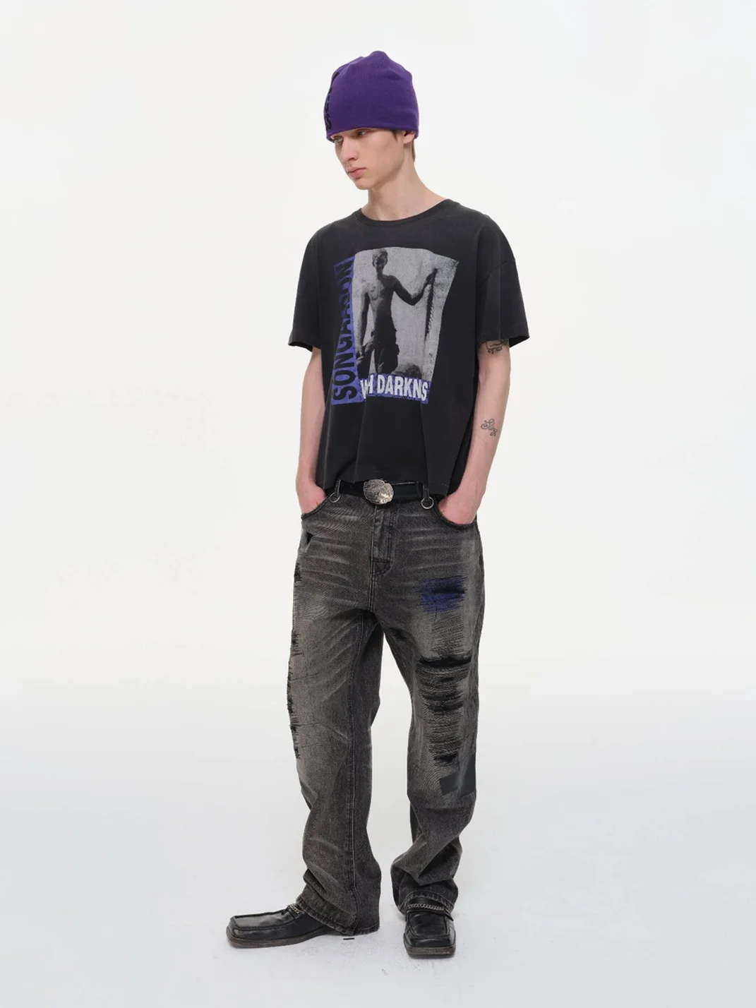 SONGAADON | Distressed Patchwork Embroidered Straight Leg Jeans