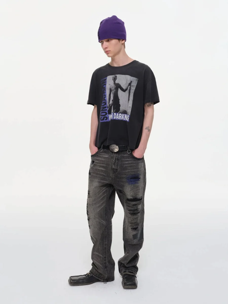 SONGAADON | Distressed Patchwork Embroidered Straight Leg Jeans - 2