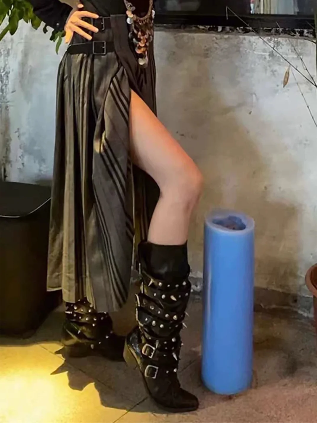 In lucky | Gothic Studded Pointed Toe Knee High Boots