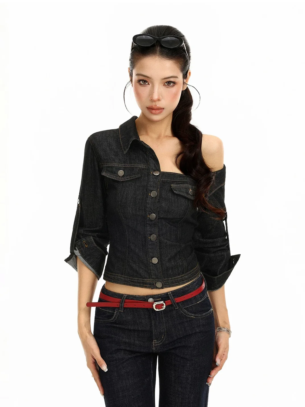 BIGGOLD | Off-Shoulder Cropped Denim Jacket