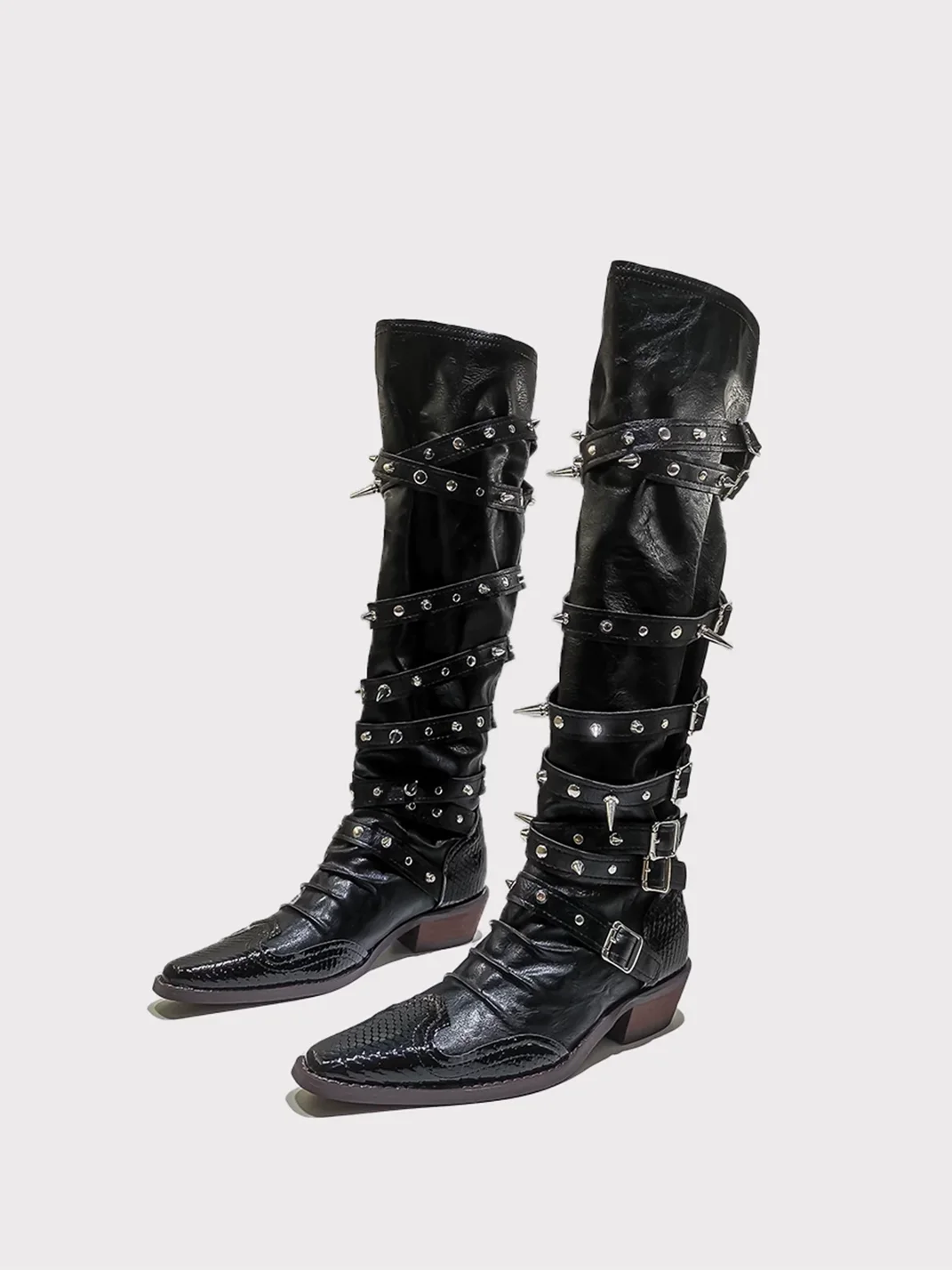 In lucky | Gothic Studded Pointed Toe Knee High Boots