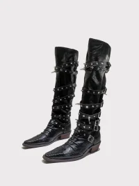 In lucky | Gothic Studded Pointed Toe Knee High Boots