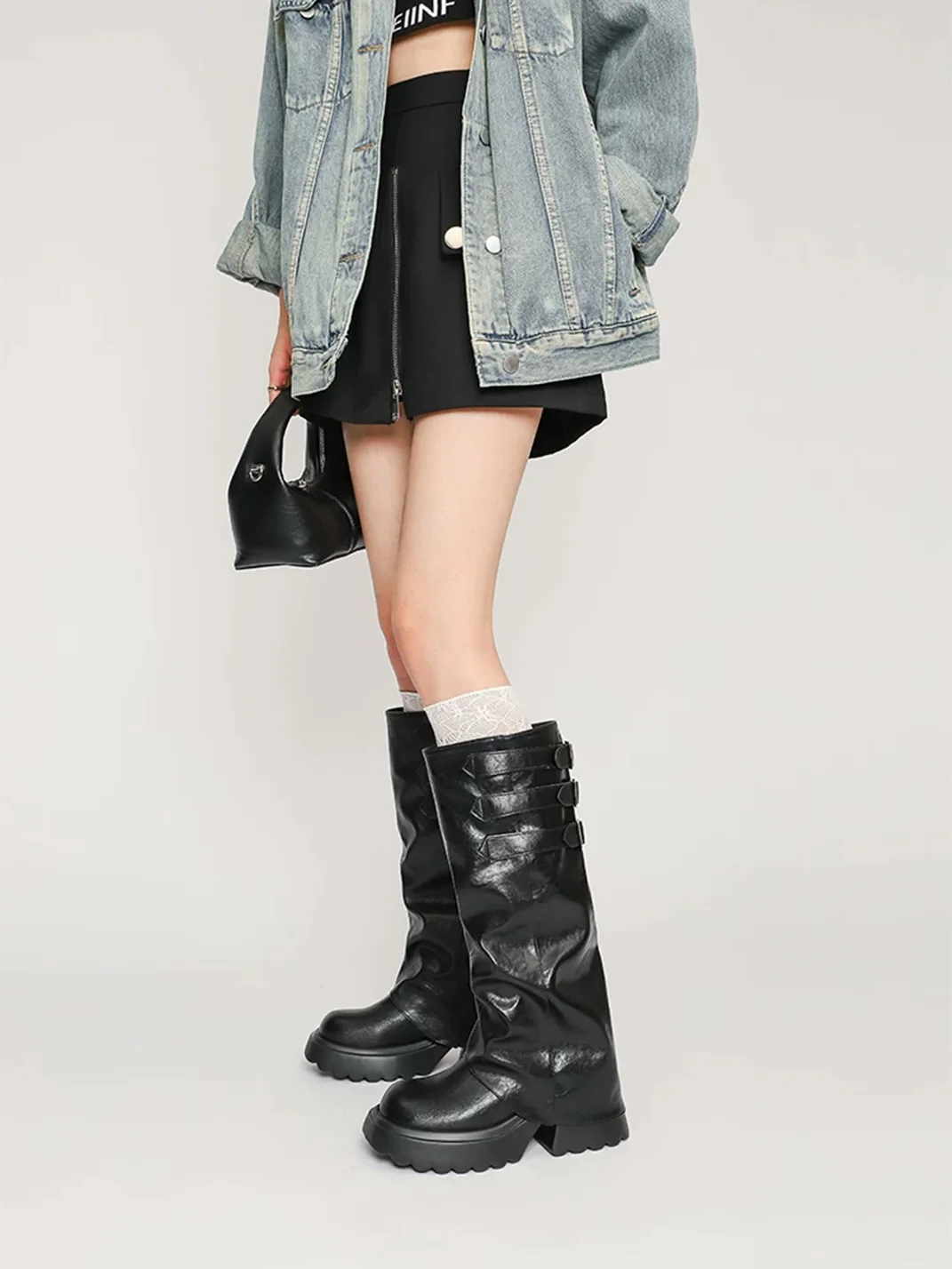 In lucky | Ruched Platform Knee-High Buckle Boots
