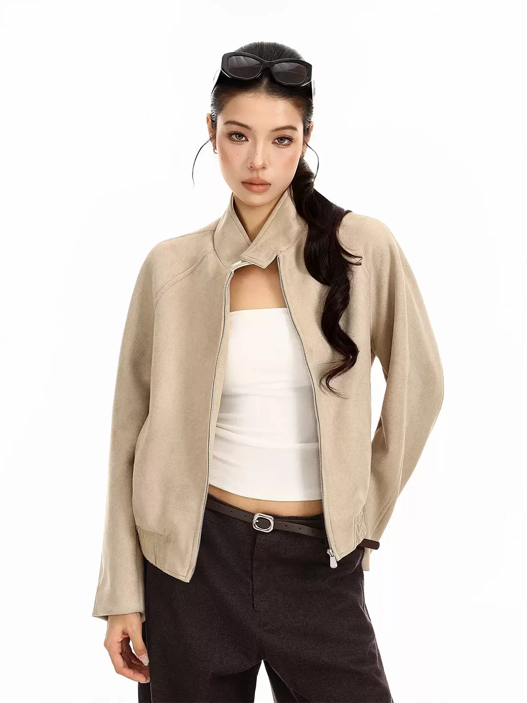 BIGGOLD | Suede-Texture Stand Collar Cropped Jacket