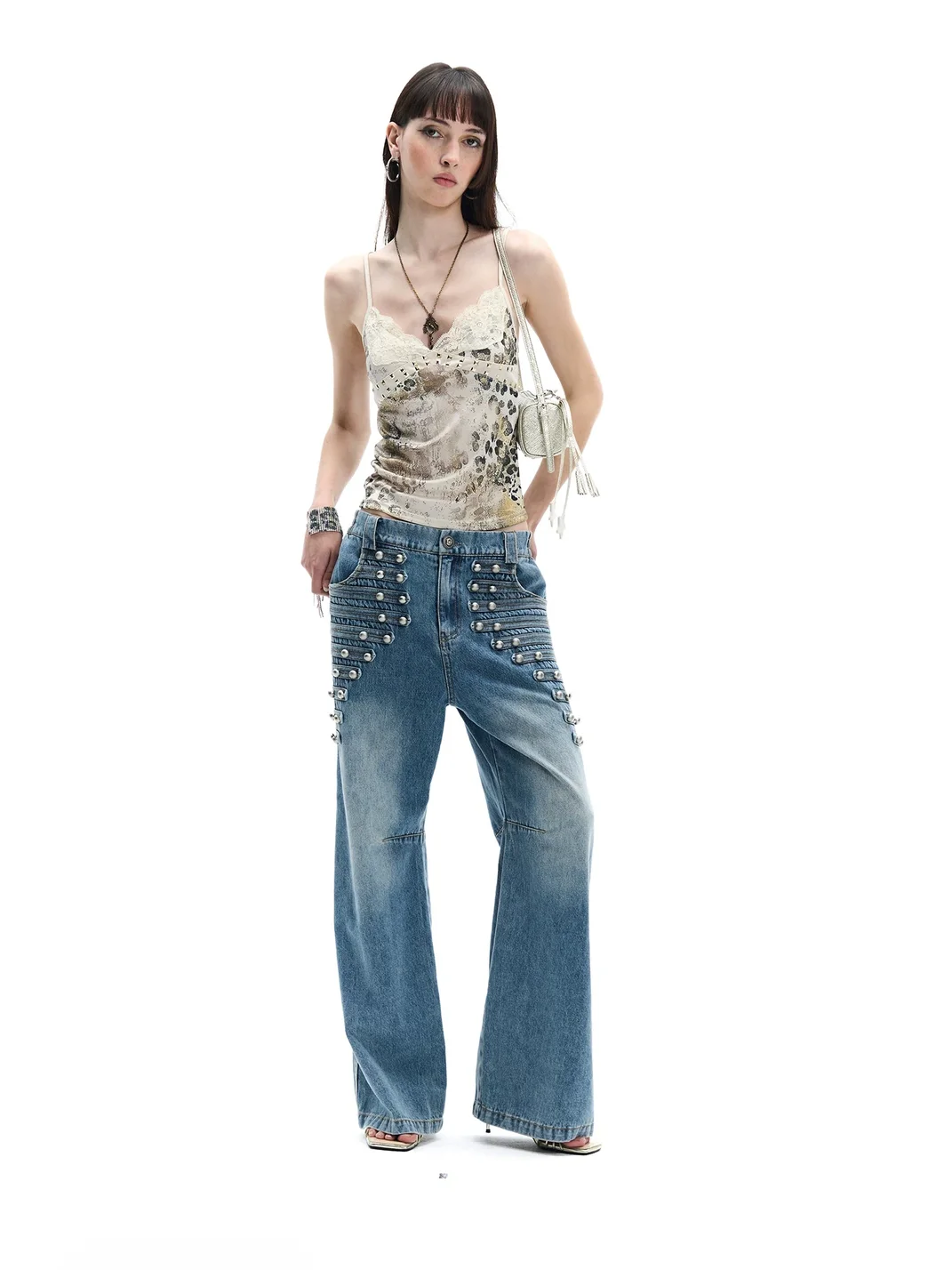 FayChui | Leopard Lace Trim Studded Camisole Tank Top