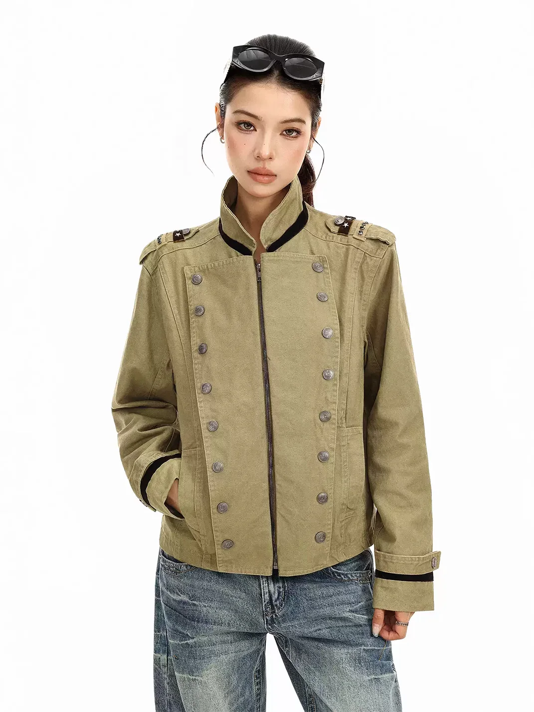 BIGGOLD | Cropped Double-Breasted Stand Collar Jacket