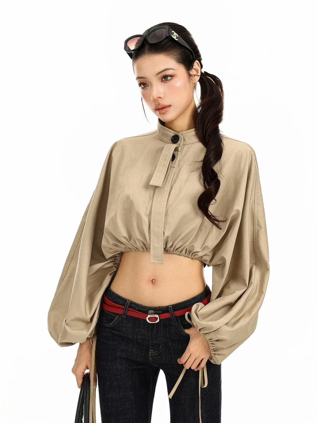 BIGGOLD | Khaki Stand Collar Drawstring Cropped Jacket