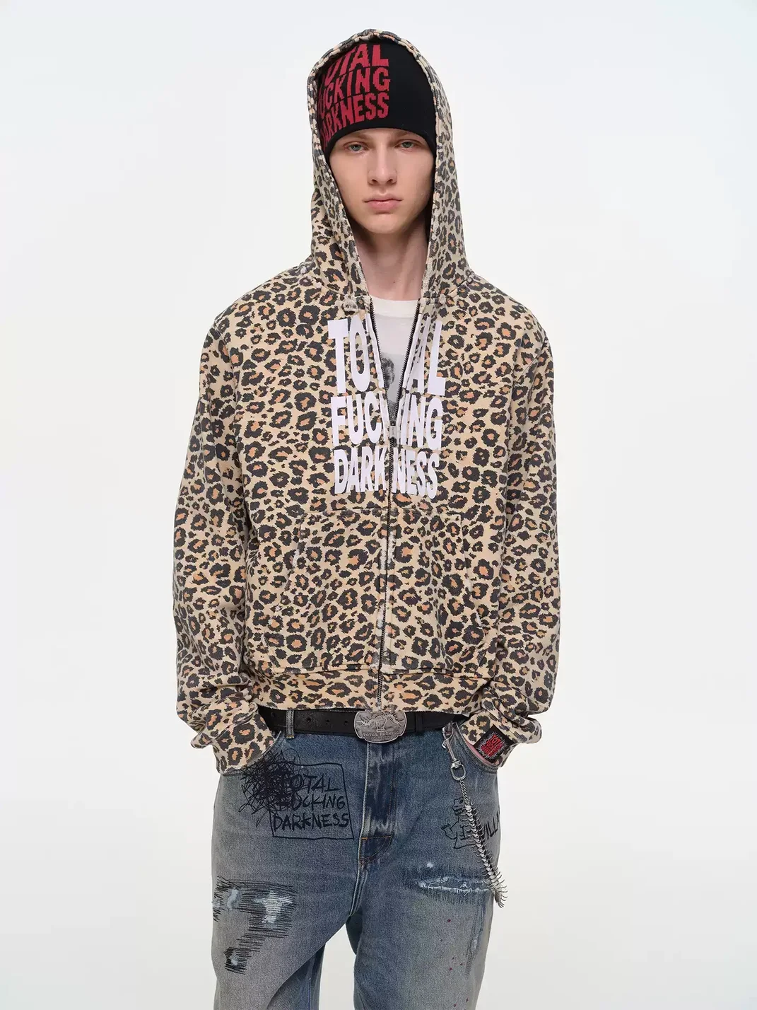SONGAADON | Leopard Print Washed Distressed Hoodie