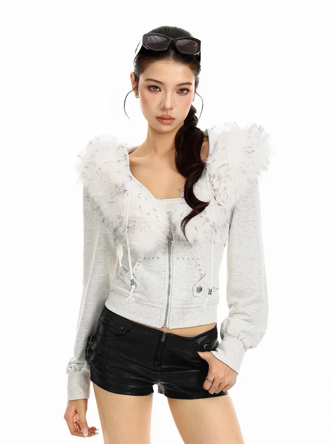 BIGGOLD | Cropped Detachable Fur Trim Hooded Zip Jacket