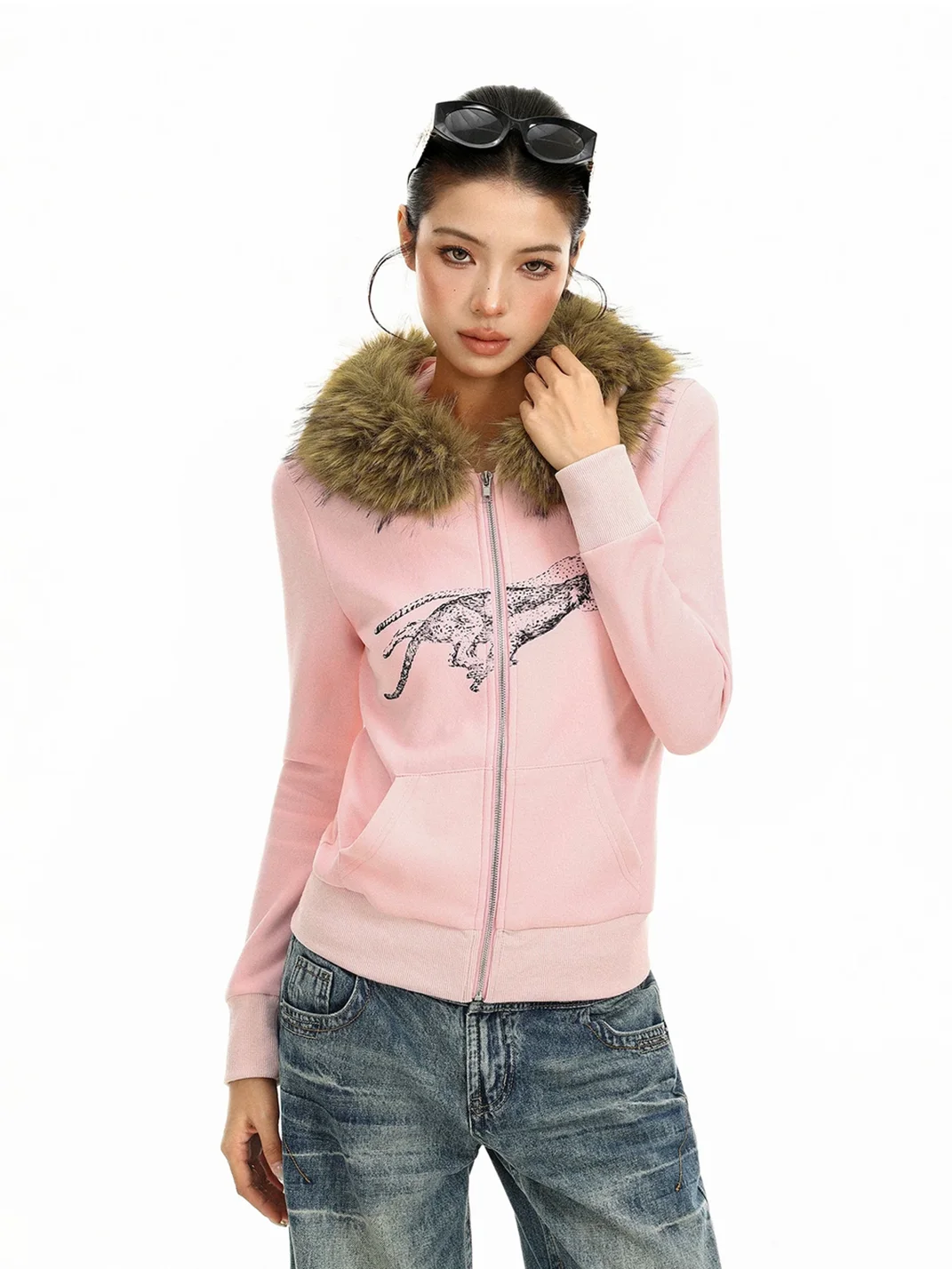 BIGGOLD | Slim Cheetah Graphic Faux Fur Trim Zip Hoodie