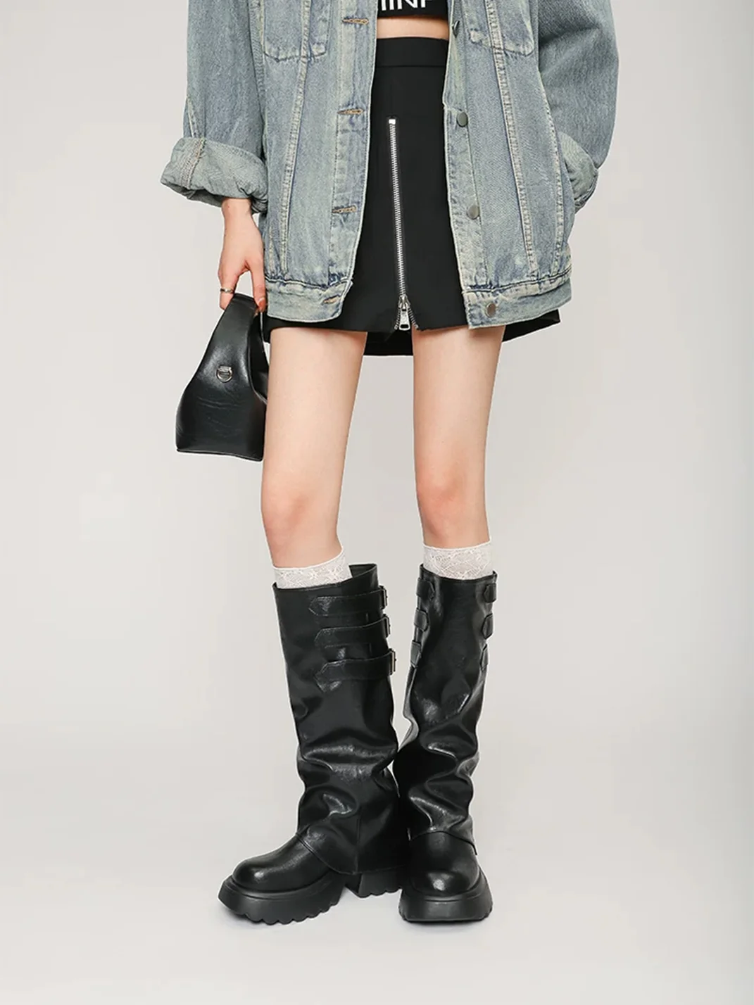 In lucky | Ruched Platform Knee-High Buckle Boots