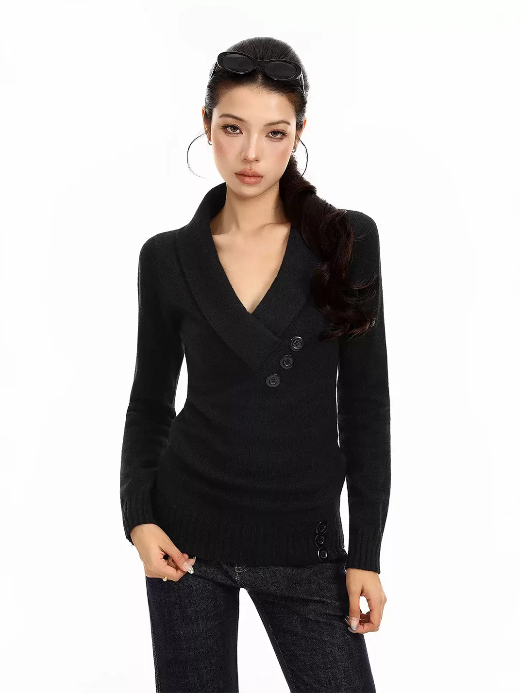 BIGGOLD | Slim Fit V-Neck Long Sleeve Knit Top
