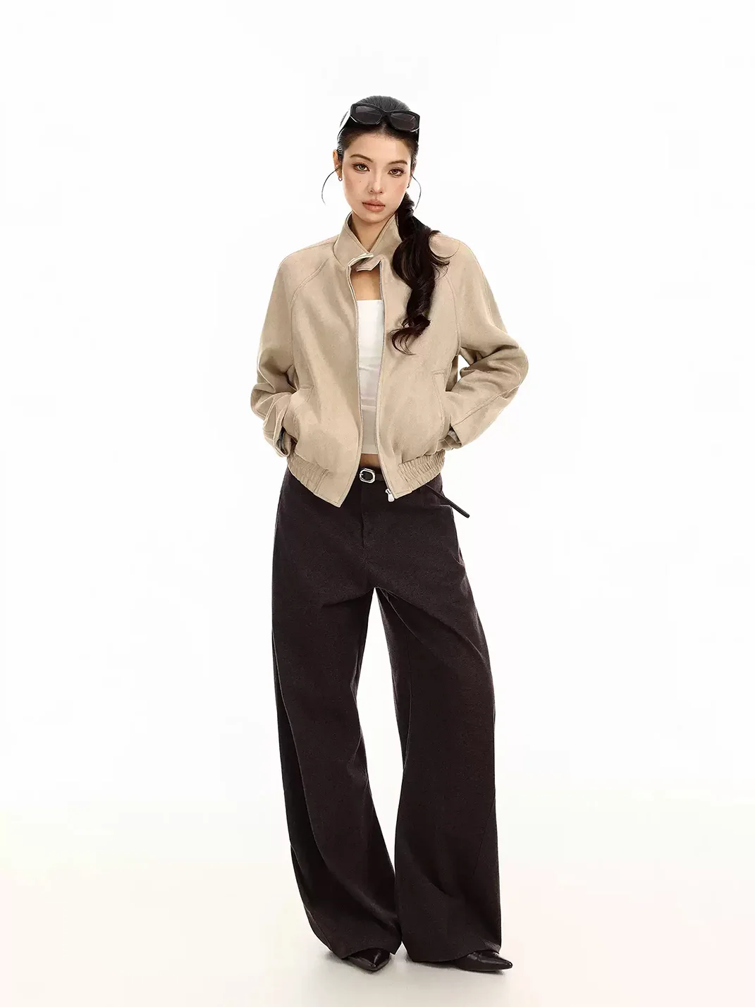BIGGOLD | Suede-Texture Stand Collar Cropped Jacket