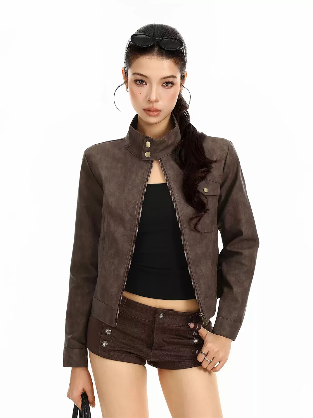 BIGGOLD | Cropped Stand Collar PU Leather Jacket