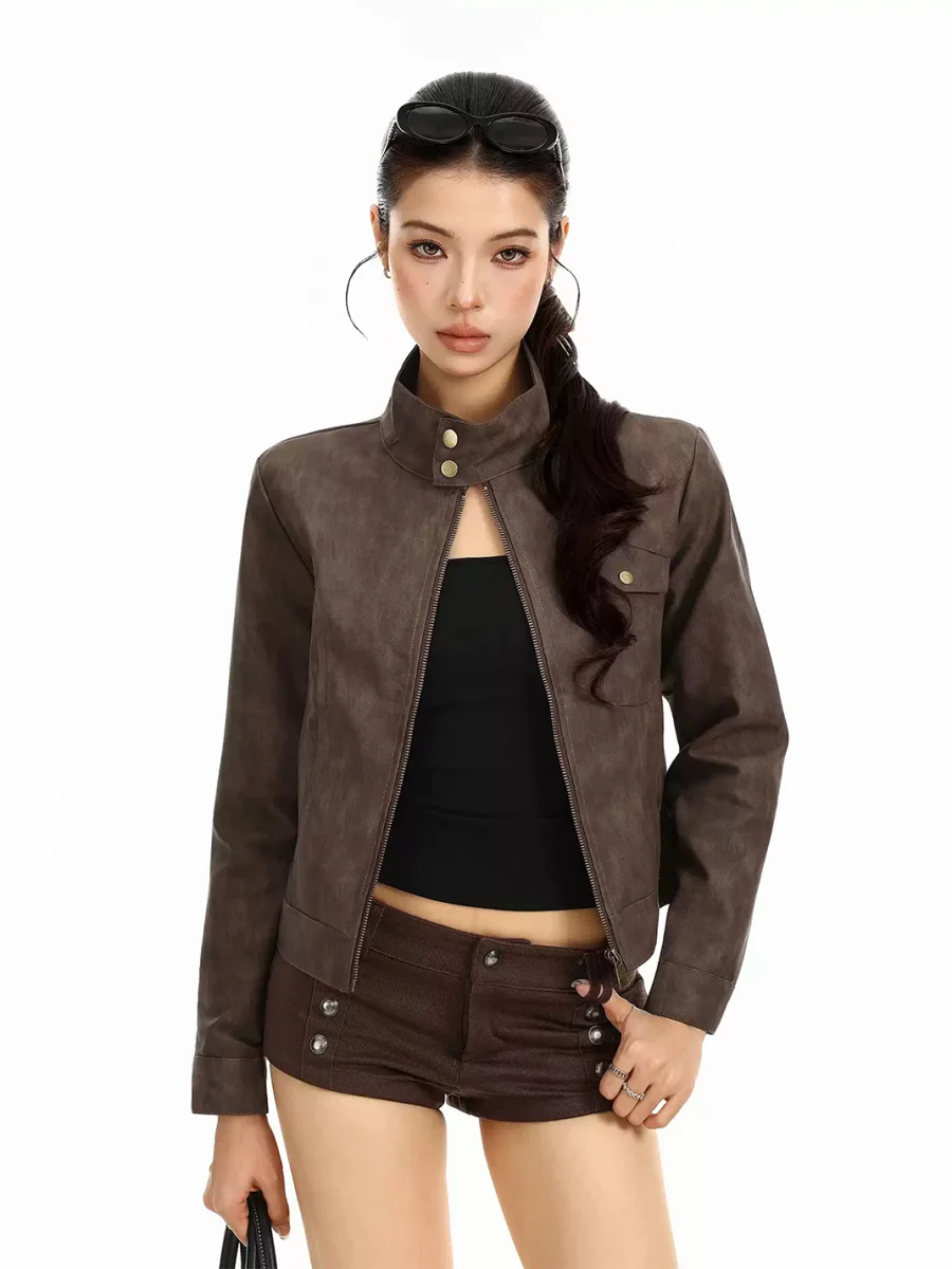 BIGGOLD | Cropped Stand Collar PU Leather Jacket - 2