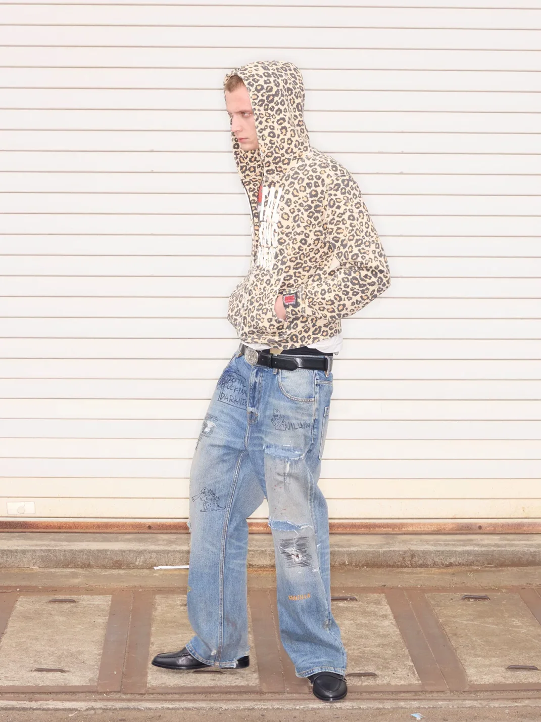 SONGAADON | Distressed Patchwork Embroidered Rhinestone Straight-Leg Jeans