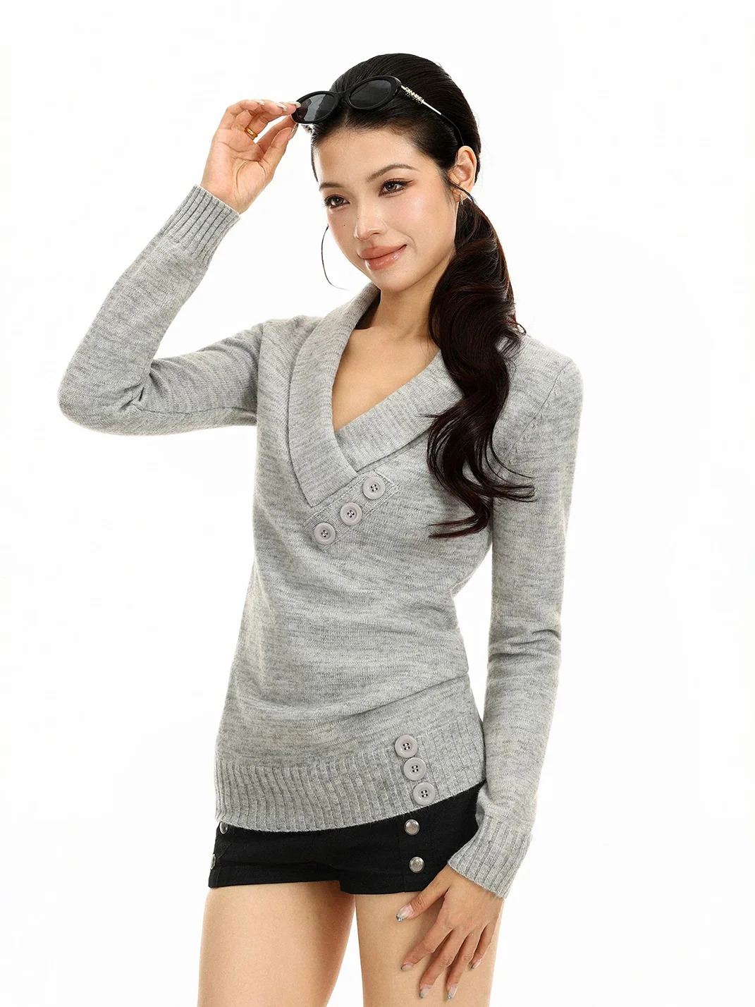 BIGGOLD | Slim Fit V-Neck Long Sleeve Knit Top