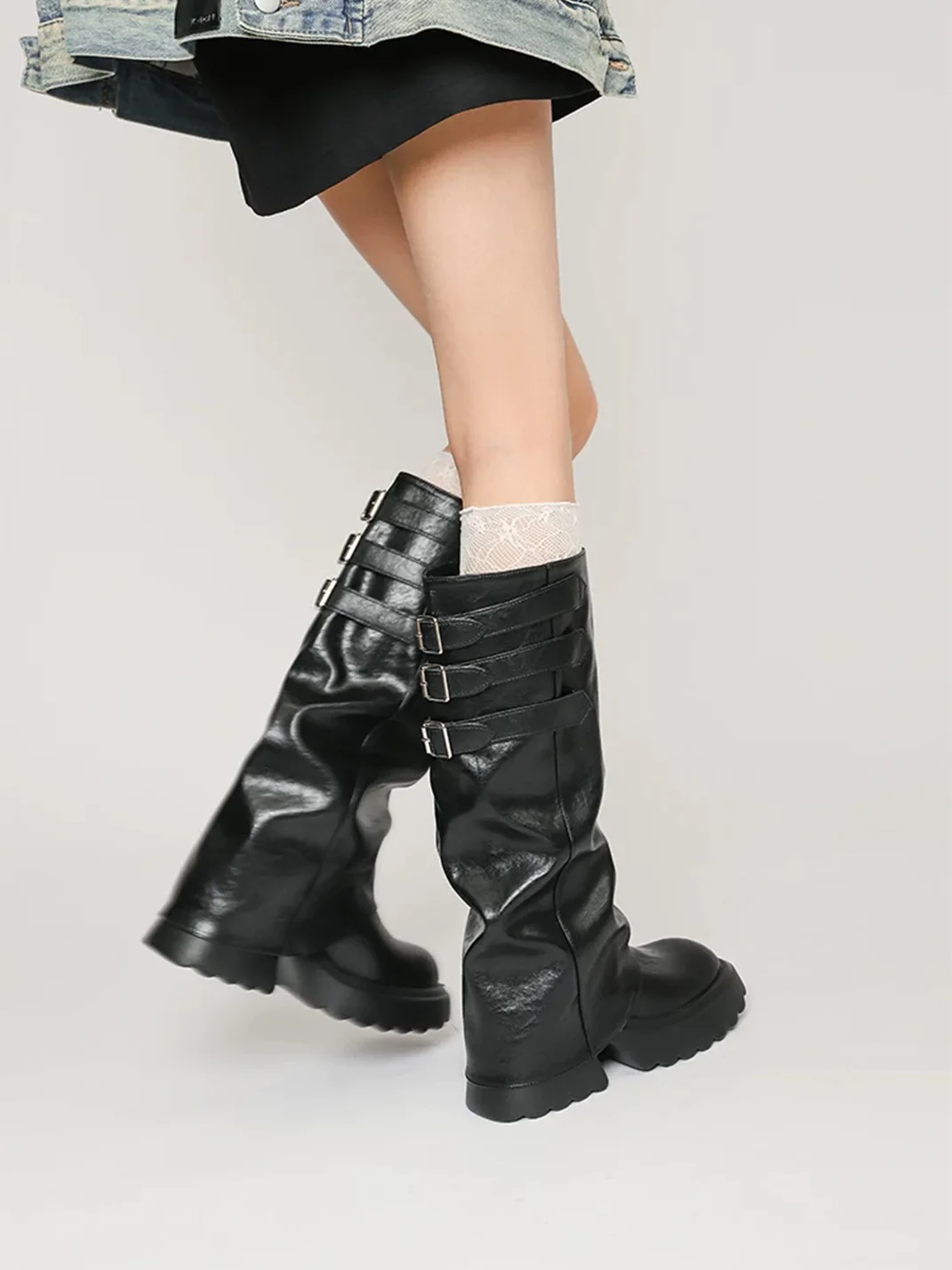 In lucky | Ruched Platform Knee-High Buckle Boots