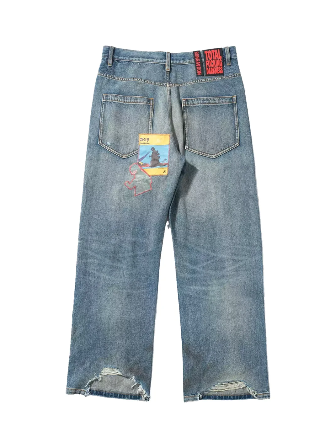 SONGAADON | Distressed Patchwork Embroidered Rhinestone Straight-Leg Jeans
