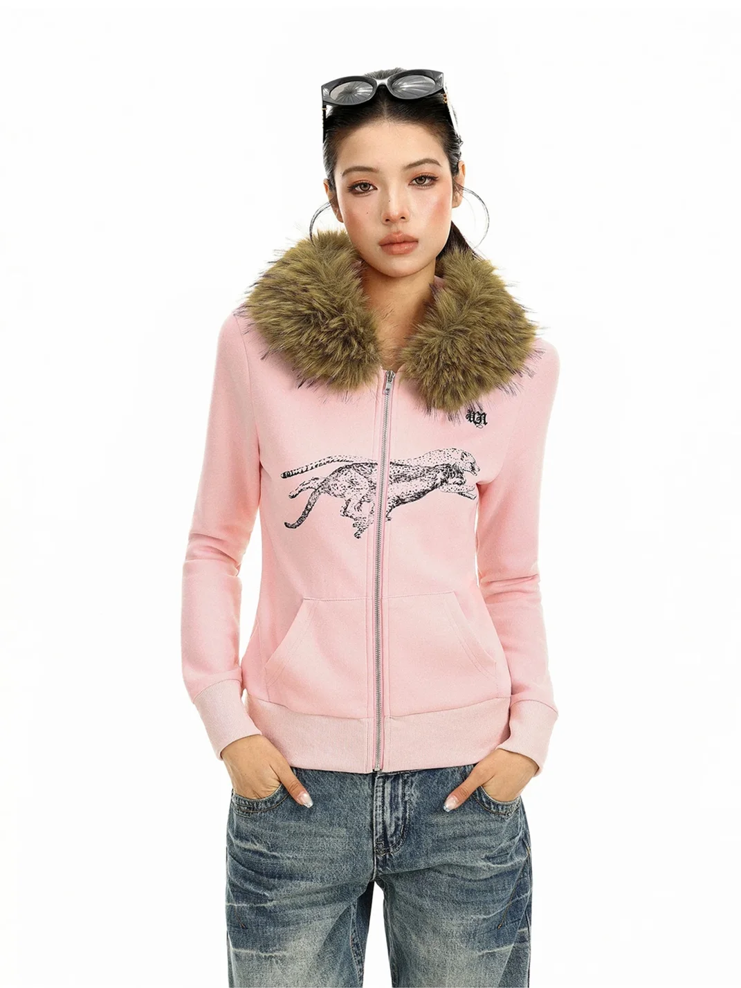 BIGGOLD | Slim Cheetah Graphic Faux Fur Trim Zip Hoodie