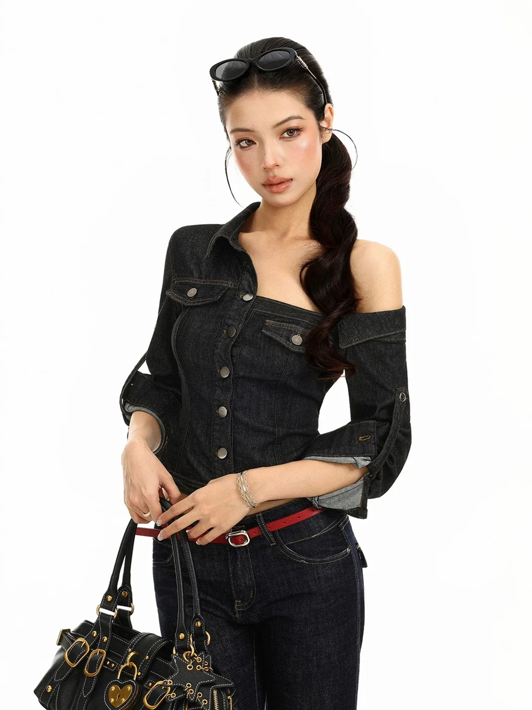 BIGGOLD | Off-Shoulder Cropped Denim Jacket