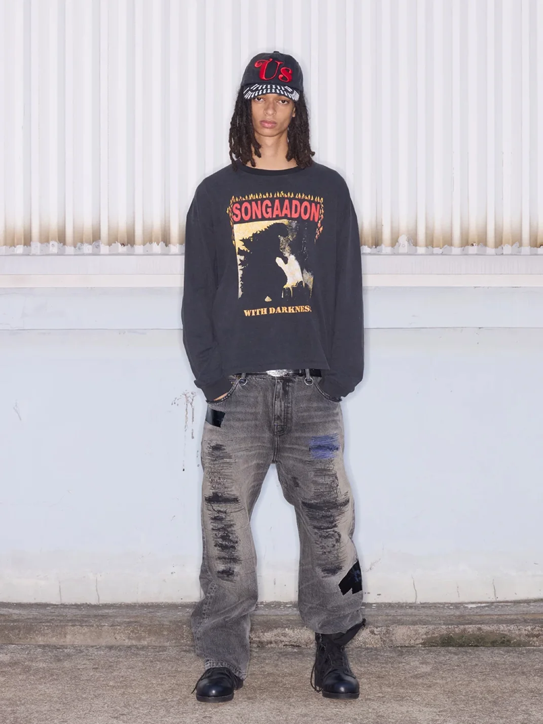 SONGAADON | Distressed Patchwork Embroidered Straight Leg Jeans