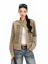 BIGGOLD | Cropped Stand Collar Braided Button Jacket