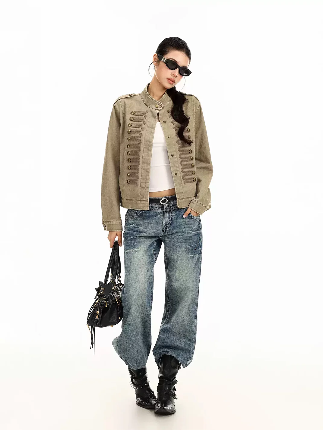 BIGGOLD | Cropped Stand Collar Braided Button Jacket