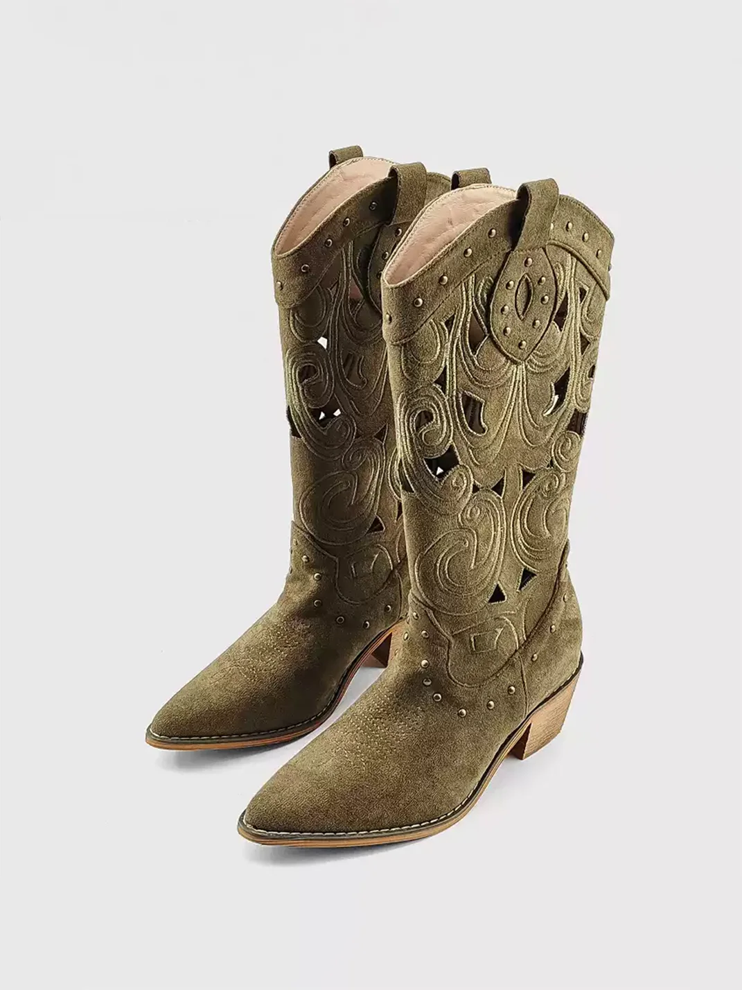 In lucky | Embroidered Cutout Western Tall Boots