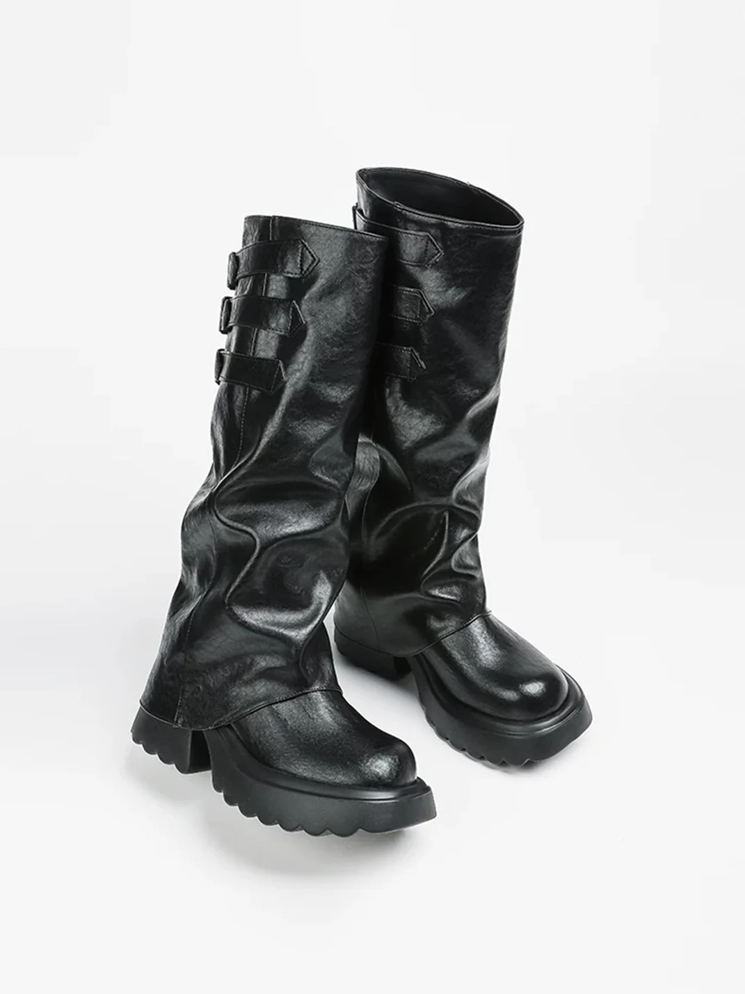 In lucky | Ruched Platform Knee-High Buckle Boots