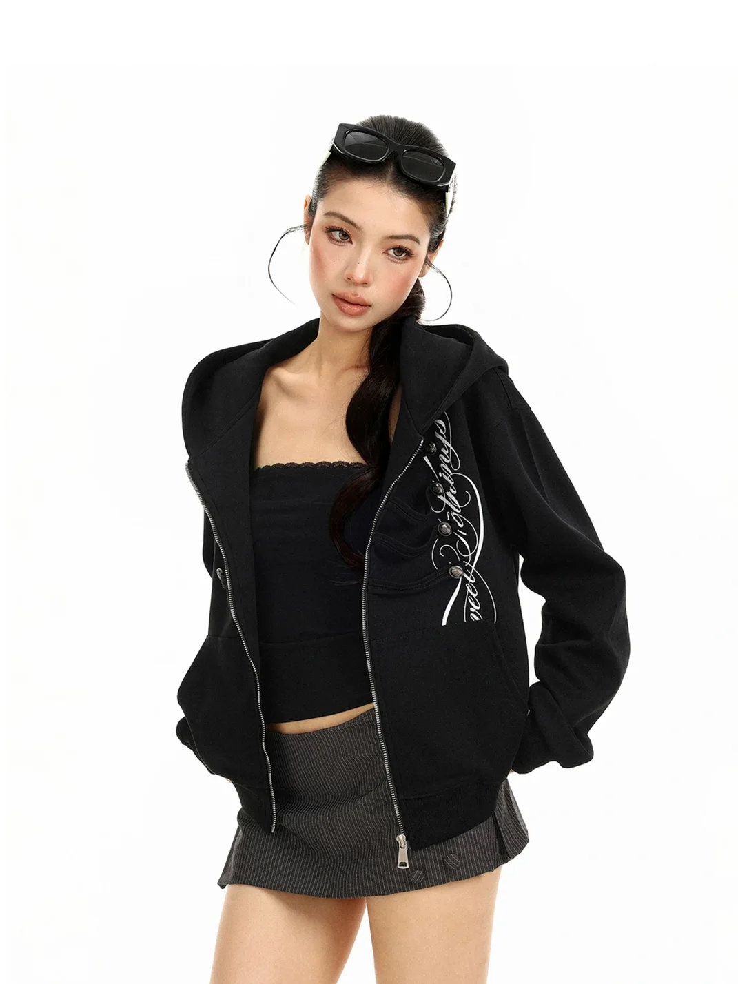 BIGGOLD | Double-Breasted Graphic Zip-Up Hoodie