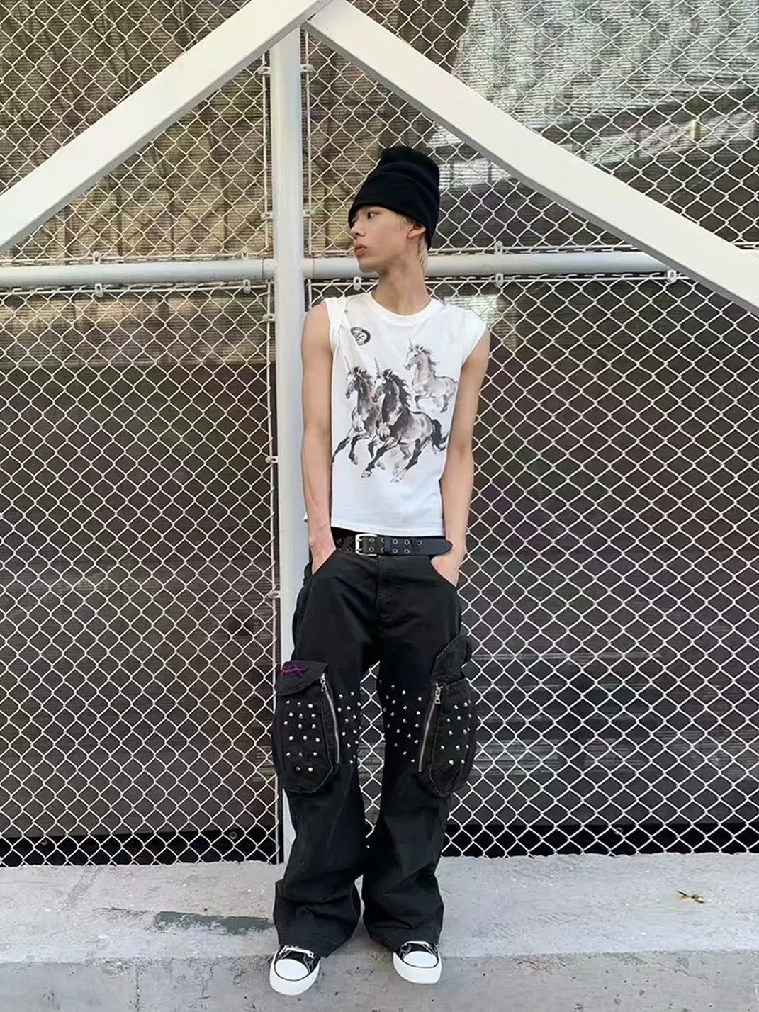 Tiesake | Spike Studded Wide-Leg Cargo Pants