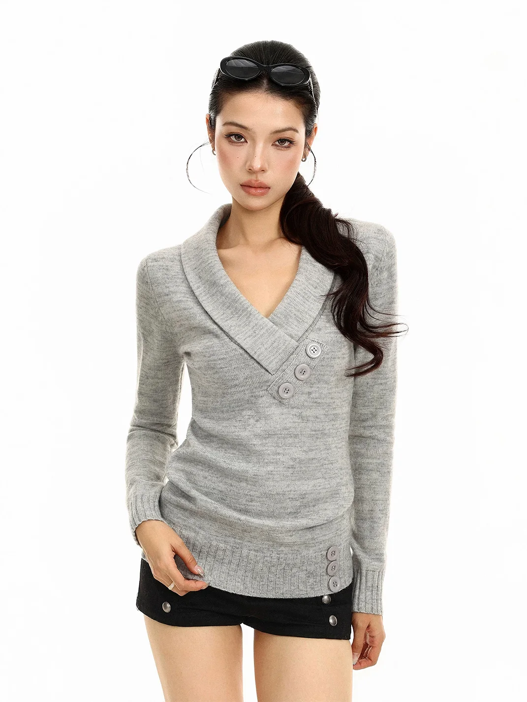BIGGOLD | Slim Fit V-Neck Long Sleeve Knit Top