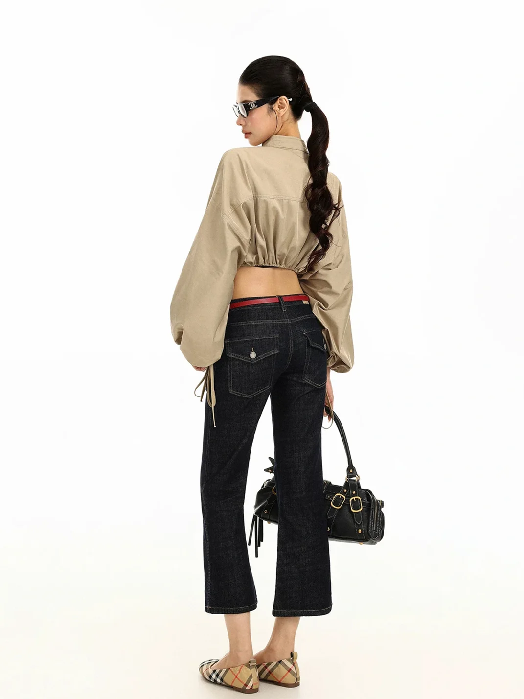 BIGGOLD | Khaki Stand Collar Drawstring Cropped Jacket