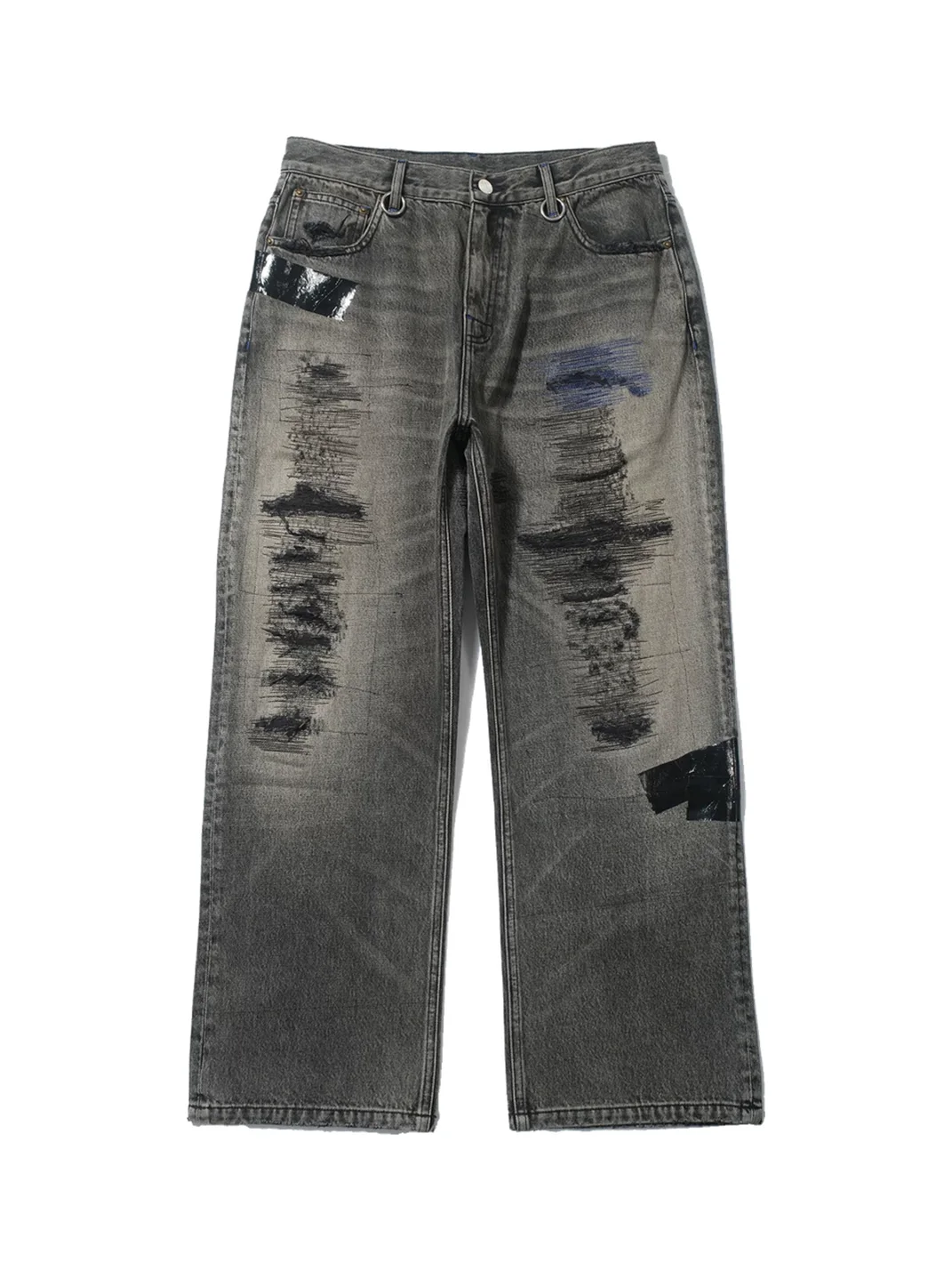SONGAADON | Distressed Patchwork Embroidered Straight Leg Jeans