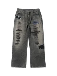 SONGAADON | Distressed Patchwork Embroidered Straight Leg Jeans